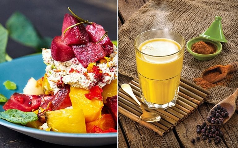 Roasted root vegetables and turmeric latte